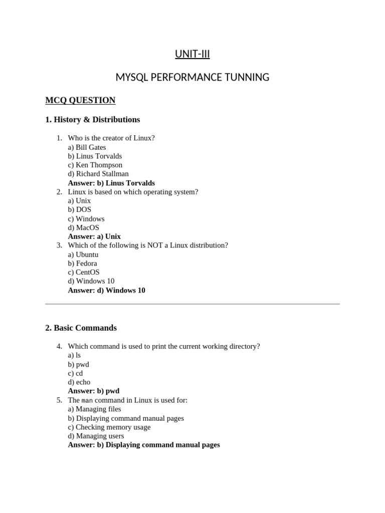 MySQL Performance Tuning MCQs and Answers | PDF | Linux | Control Flow
