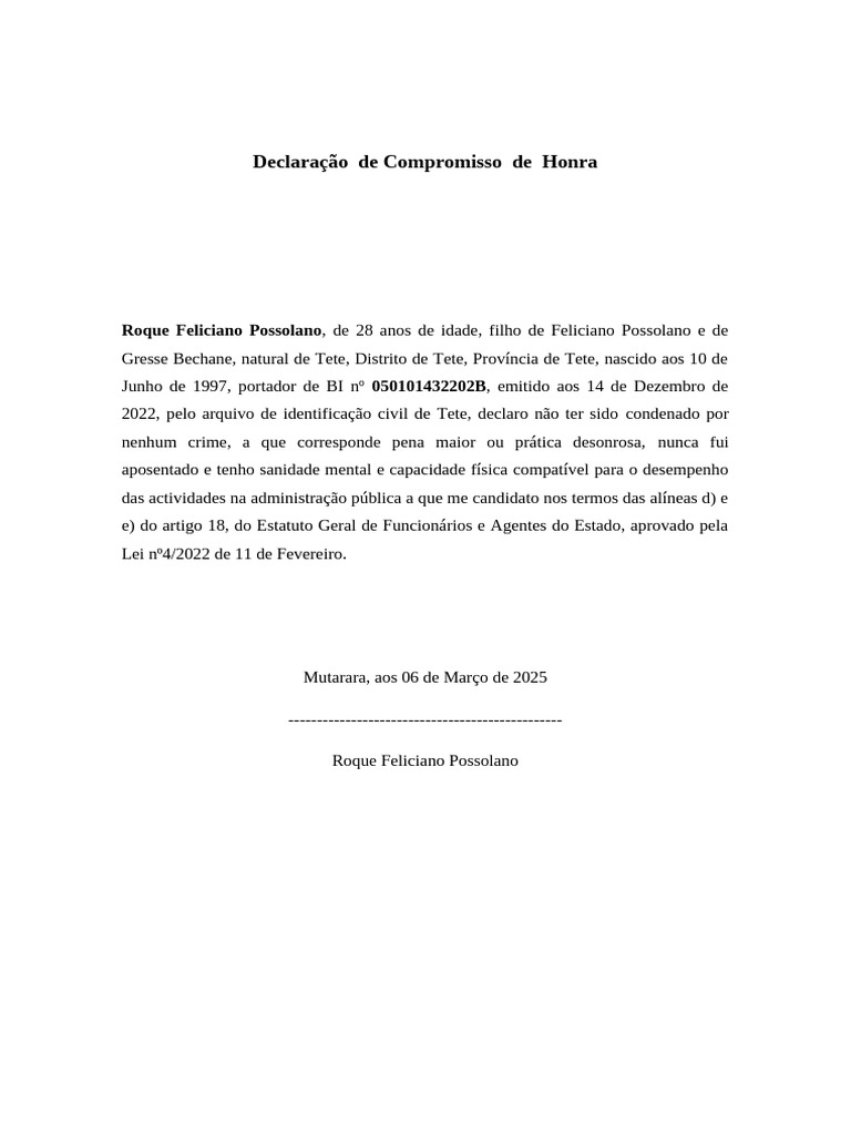 Declaração de Compromisso de Honra | PDF