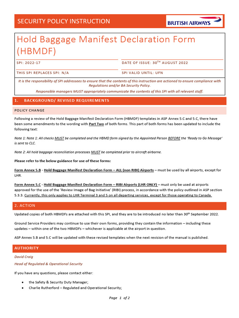 Updated Hold Baggage Manifest Policy | PDF
