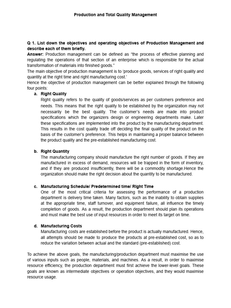 Production Management Objectives Explained | PDF | Quality Management ...