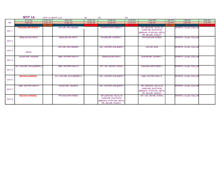 MYP Class Schedule Overview | PDF
