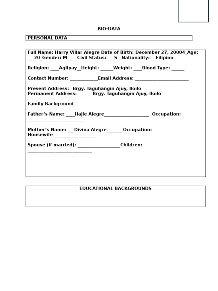 Filipino Biodata Form Template | PDF