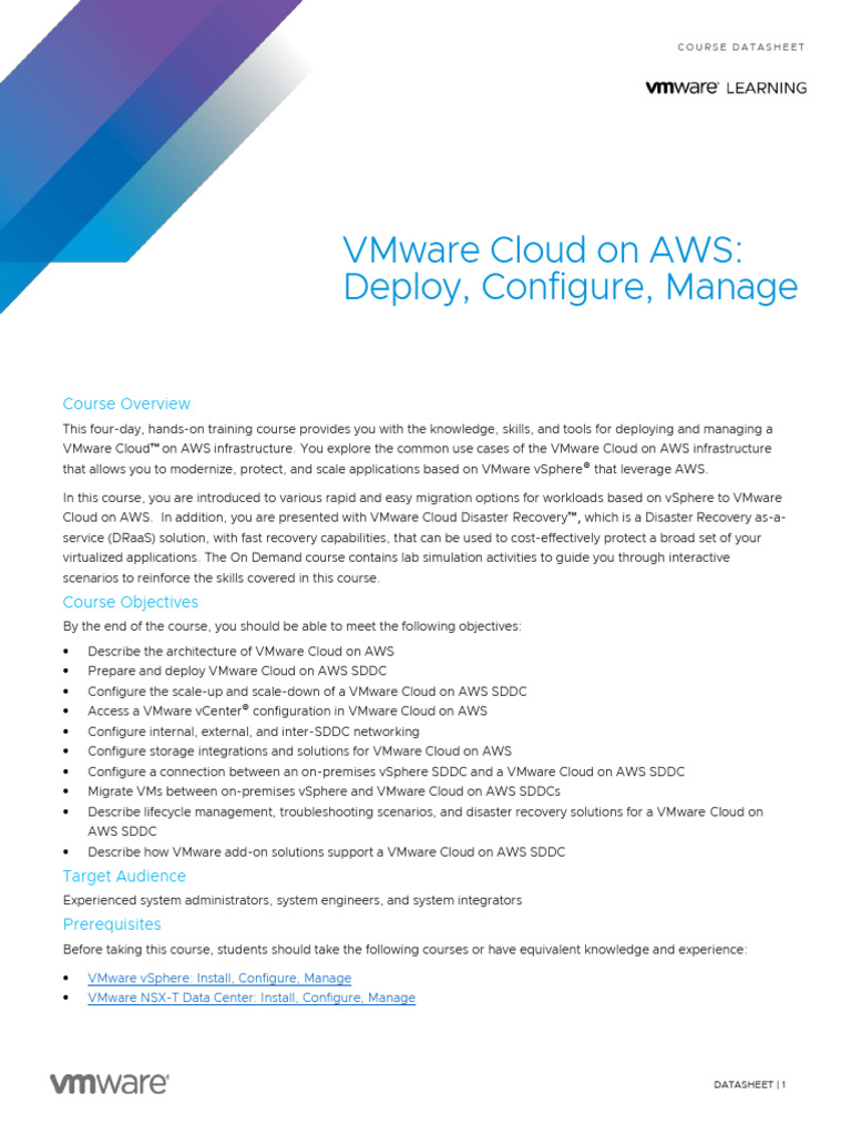 EDU - DATASHEET VMware Cloud On AWS Deploy Configure and Manage 20211 ...