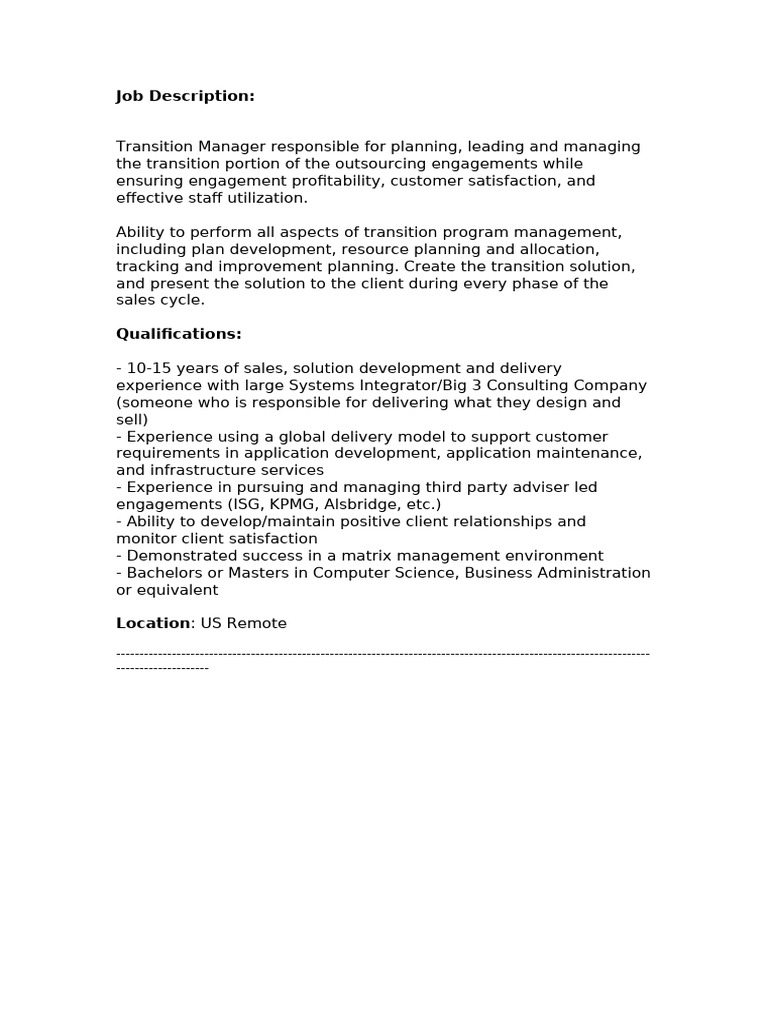 Transition Manager JD | PDF