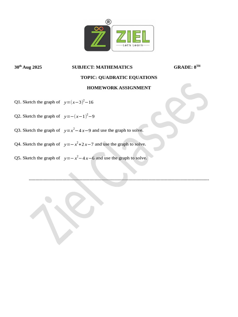 8th Grade Quadratic Equations Homework | PDF
