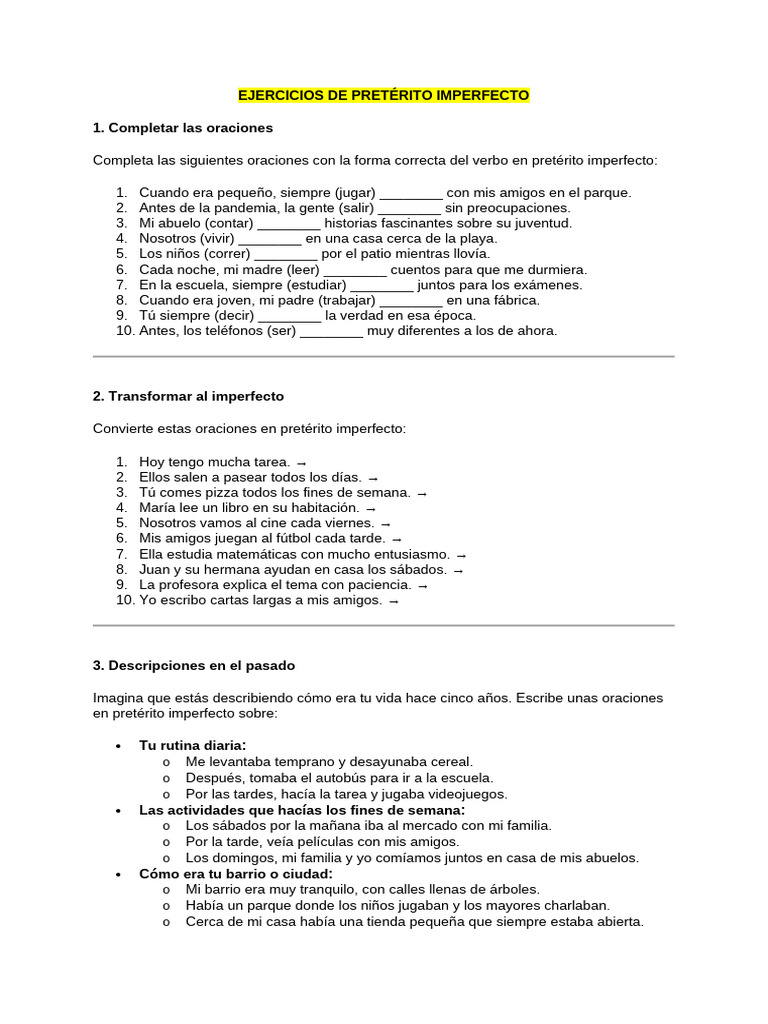 Ejercicios de Pretérito Imperfecto | PDF