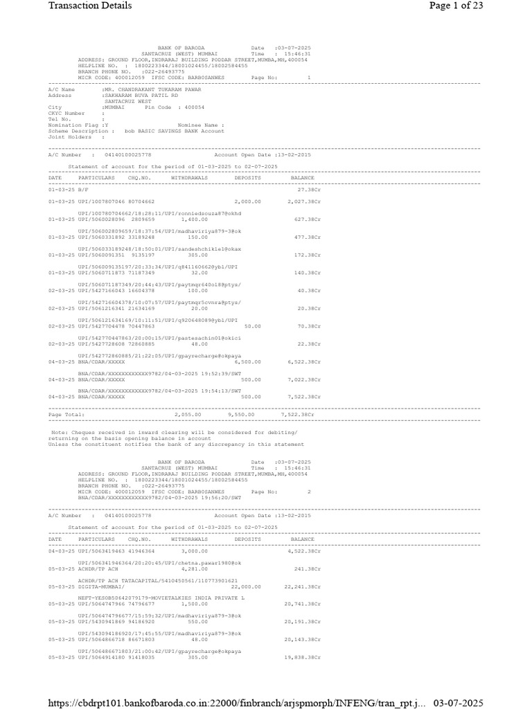 BNA/CDAR Transactions Statement | PDF | Cheque | Private Sector