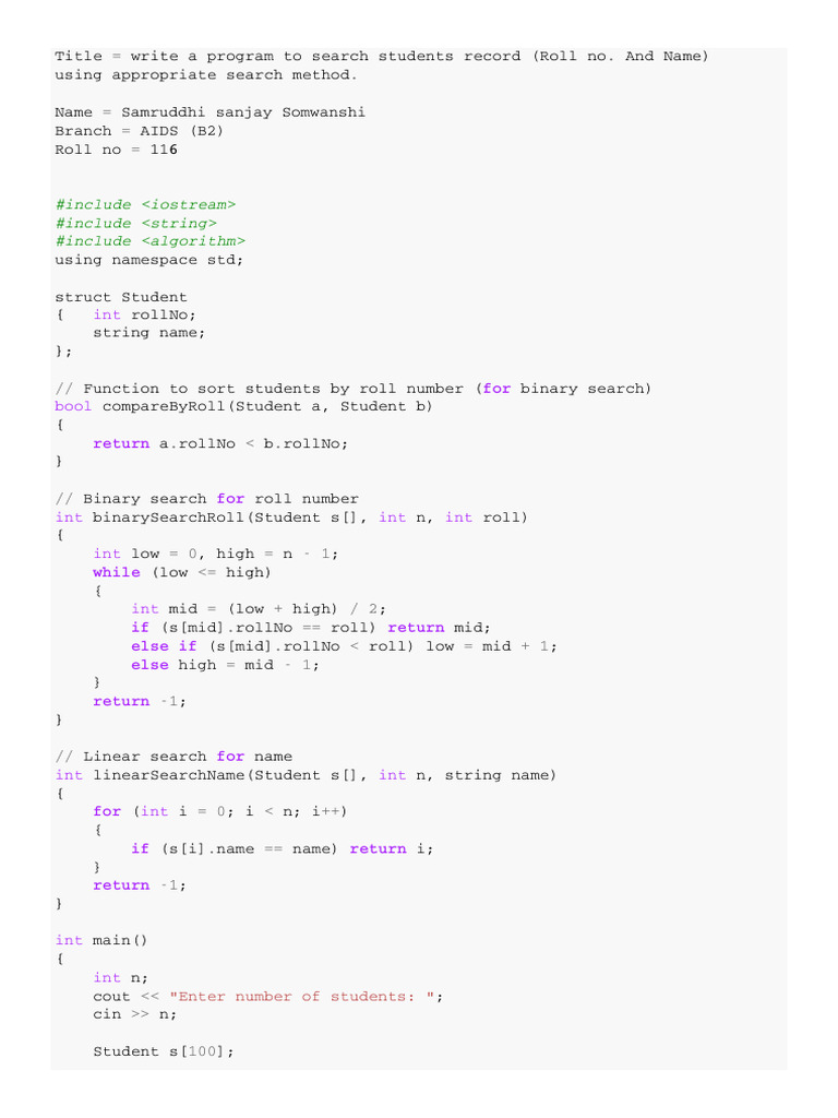Student Record Search Program | PDF | Computer Programming | Software ...