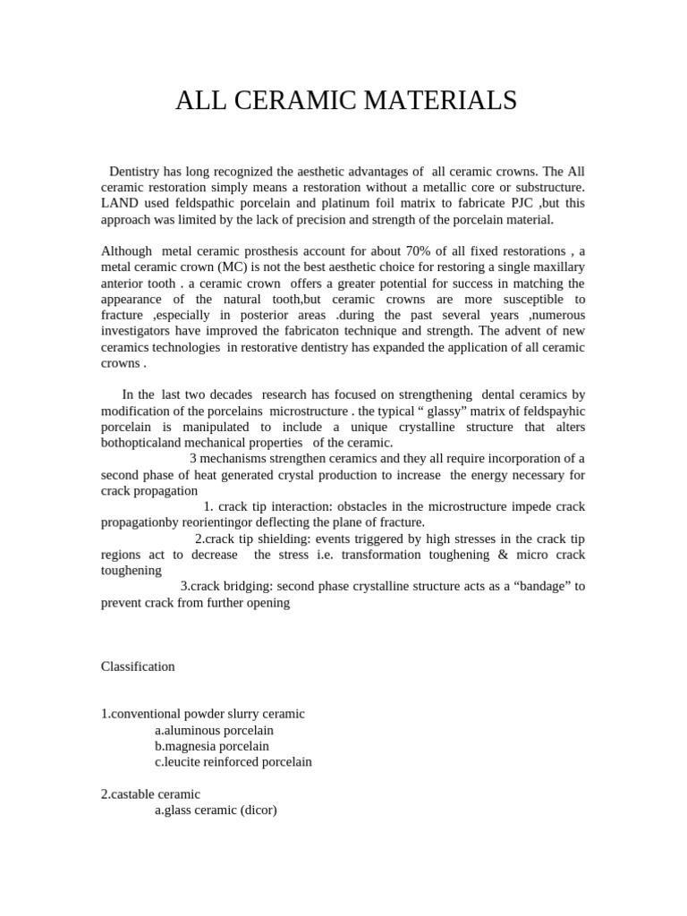 Advances in All-Ceramic Dental Materials | PDF | Ceramics | Glasses