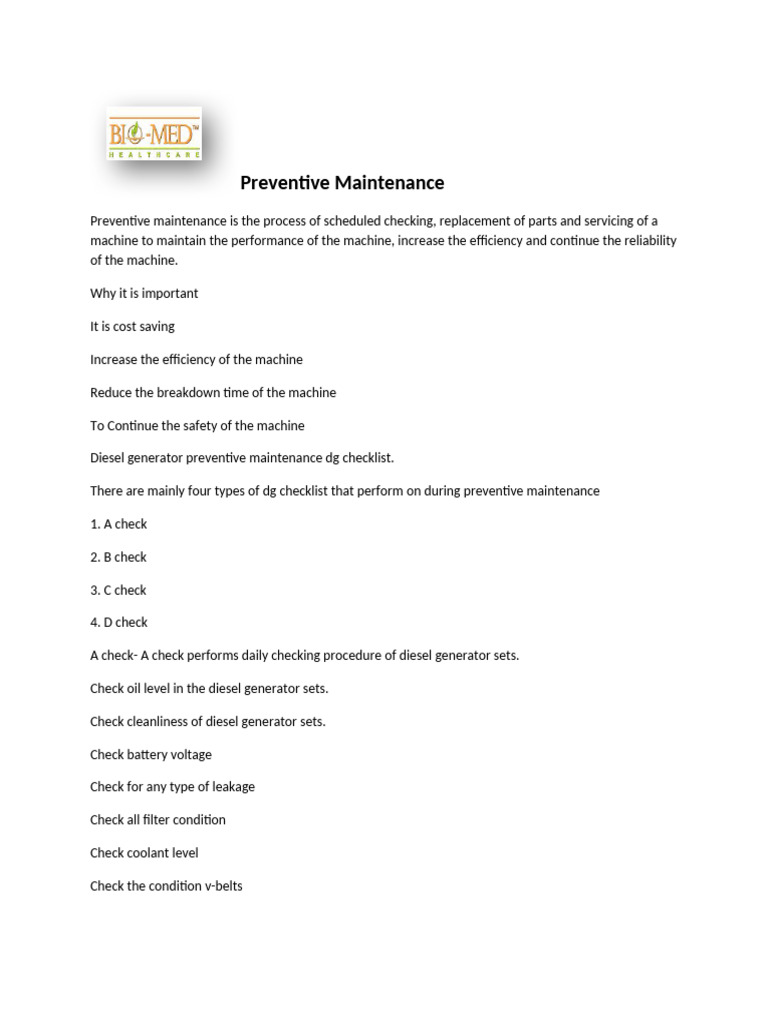 Diesel Generator Preventive Maintenance Guide | PDF