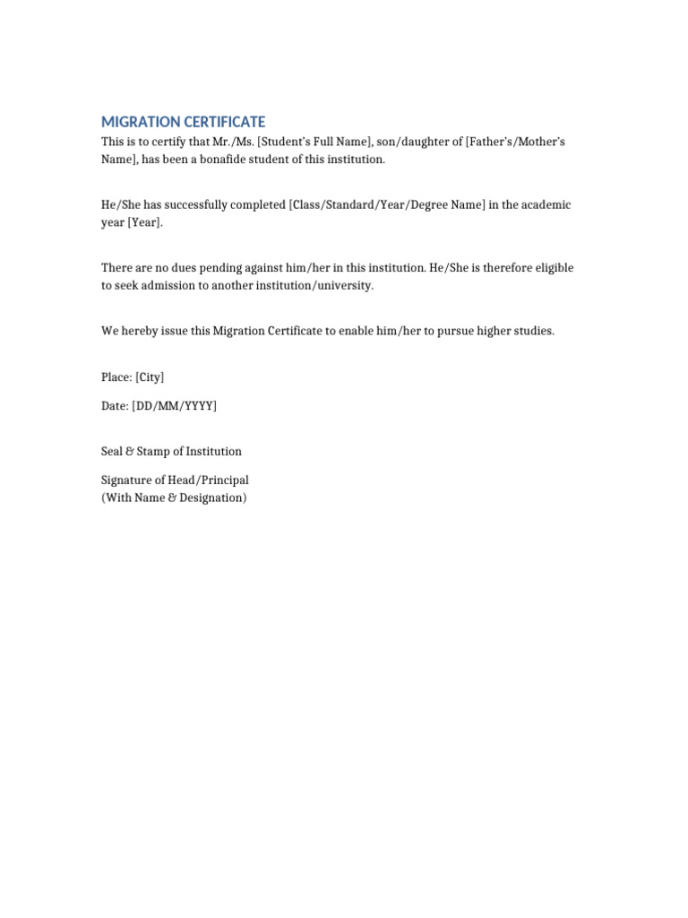 Migration Certificate Sample Format | PDF