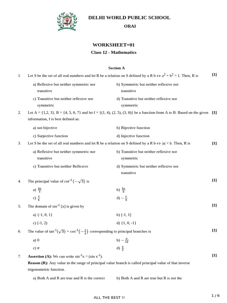 Class 12 Mathematics Worksheet on Relations and Functions | PDF | Area ...
