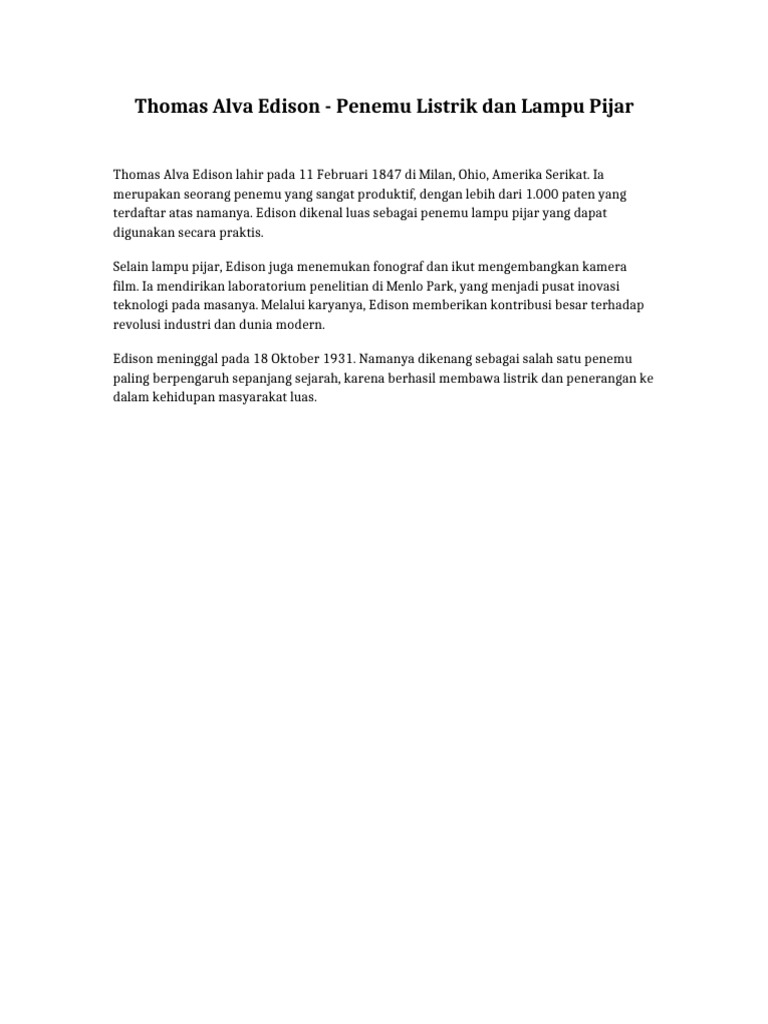 Thomas Edison (Penemu Listrik) | PDF