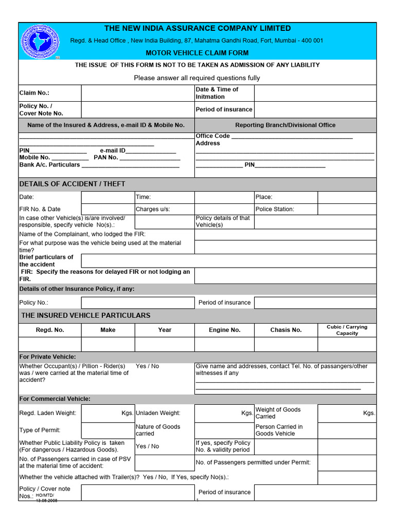 Motor Vehicle Accident Claim Form | PDF | Vehicles