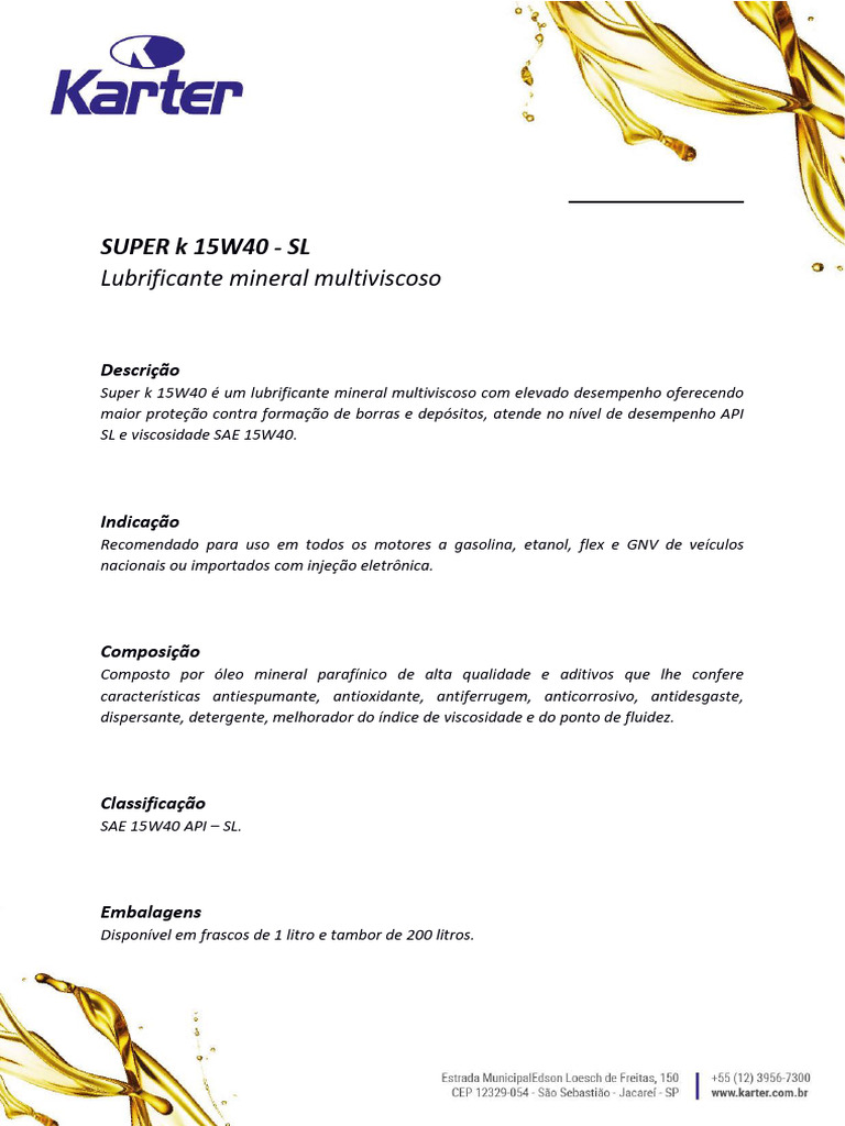 Lubrificante Super K 15W40 API SL | PDF | Óleo de motor