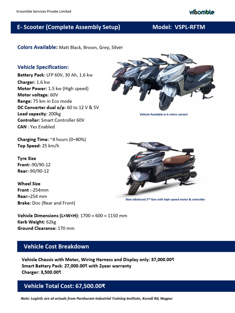 Vroomble E-Scooter VSPL-RFTM Specs & Pricing | PDF