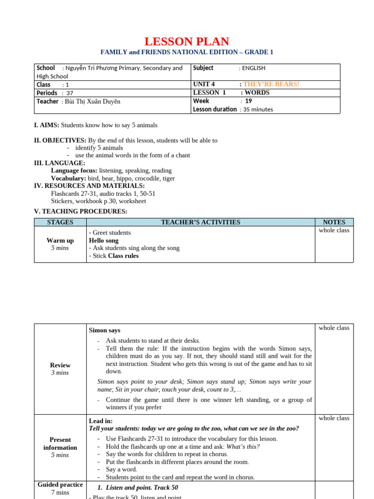 Grade 1 English Lesson Plan: Animals | PDF | Phonics | English Language