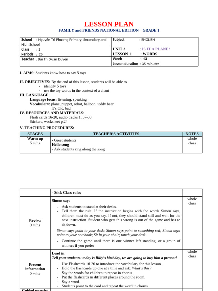Grade 1 English Lesson Plan: Toys | PDF | Phonics | Vocabulary