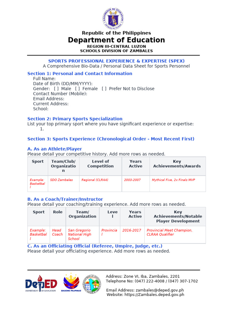 Sports Personnel Bio-Data Form | PDF