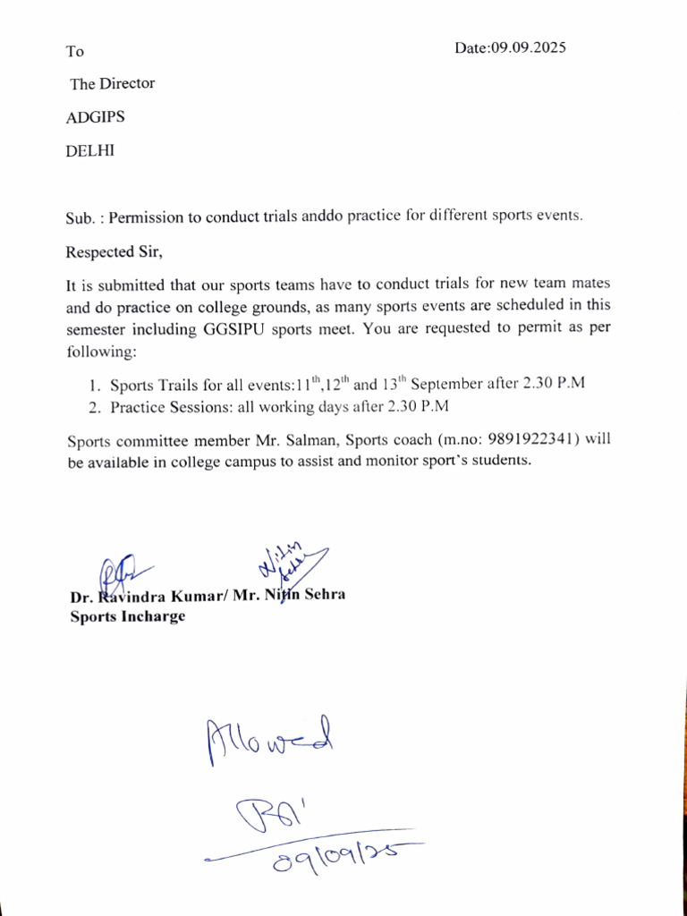 Letter Regarding Sports Trails From 11th To 13th September, 2025 | PDF