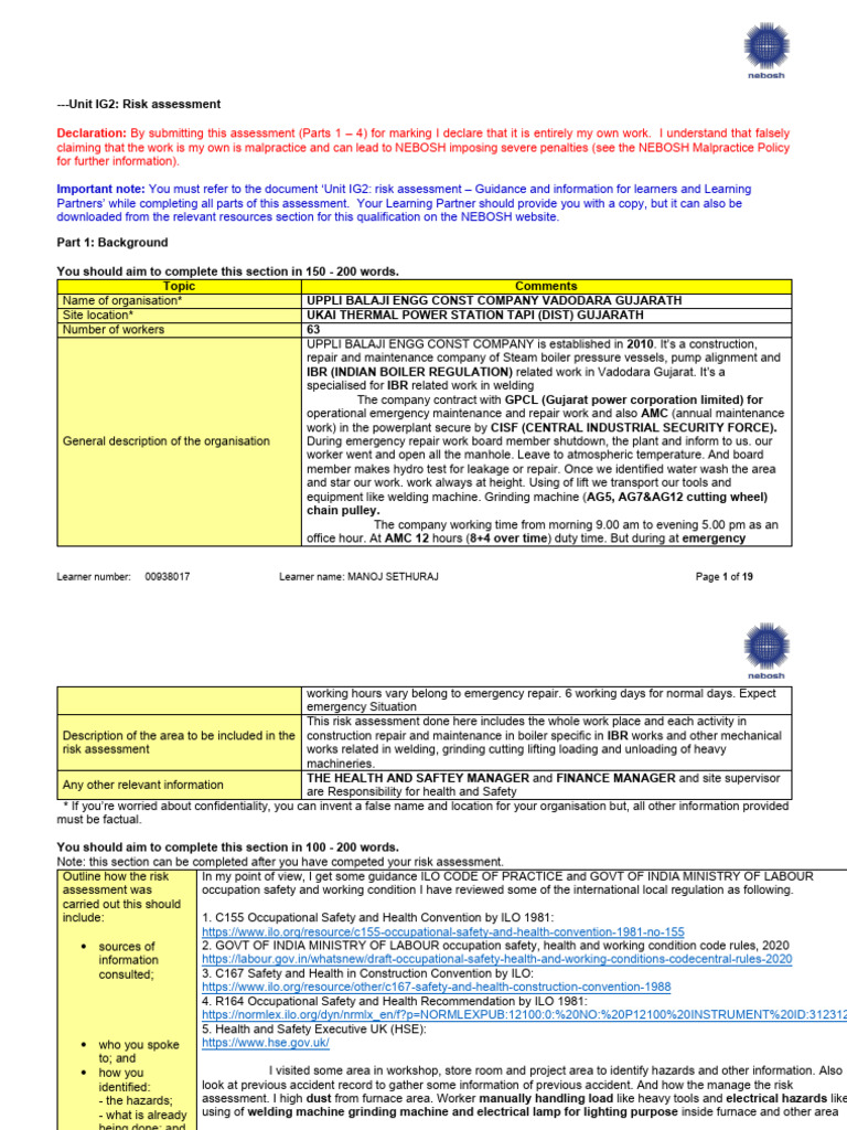 NEBOSH Risk Assessment for Construction | PDF | Occupational Safety And ...