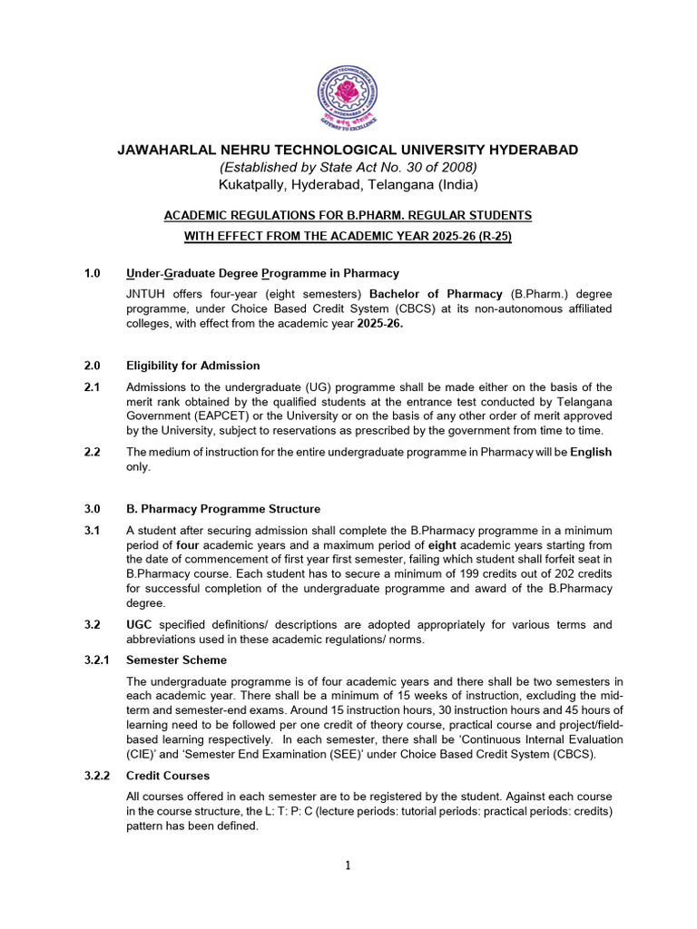 JNTUH B.Pharm R-25 Academic Regulations | PDF | Course Credit | Thesis