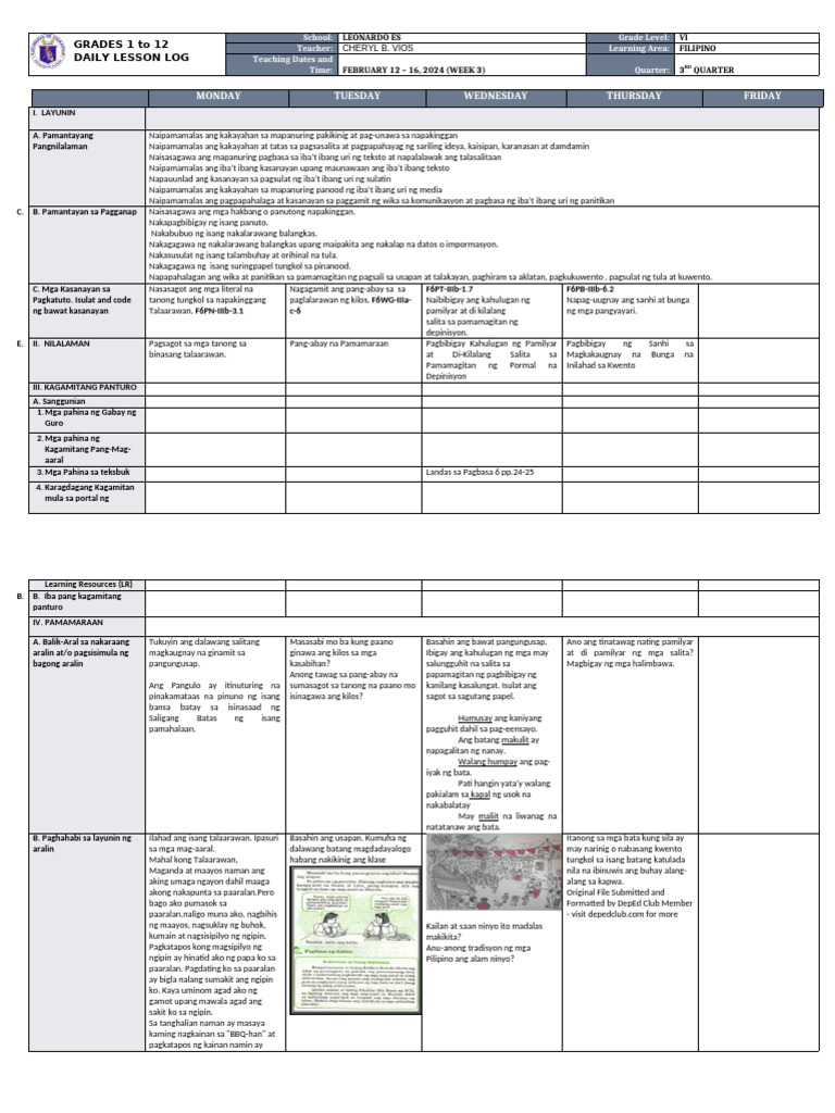 DLL - Filipino 6 - Q3 - W3 | PDF
