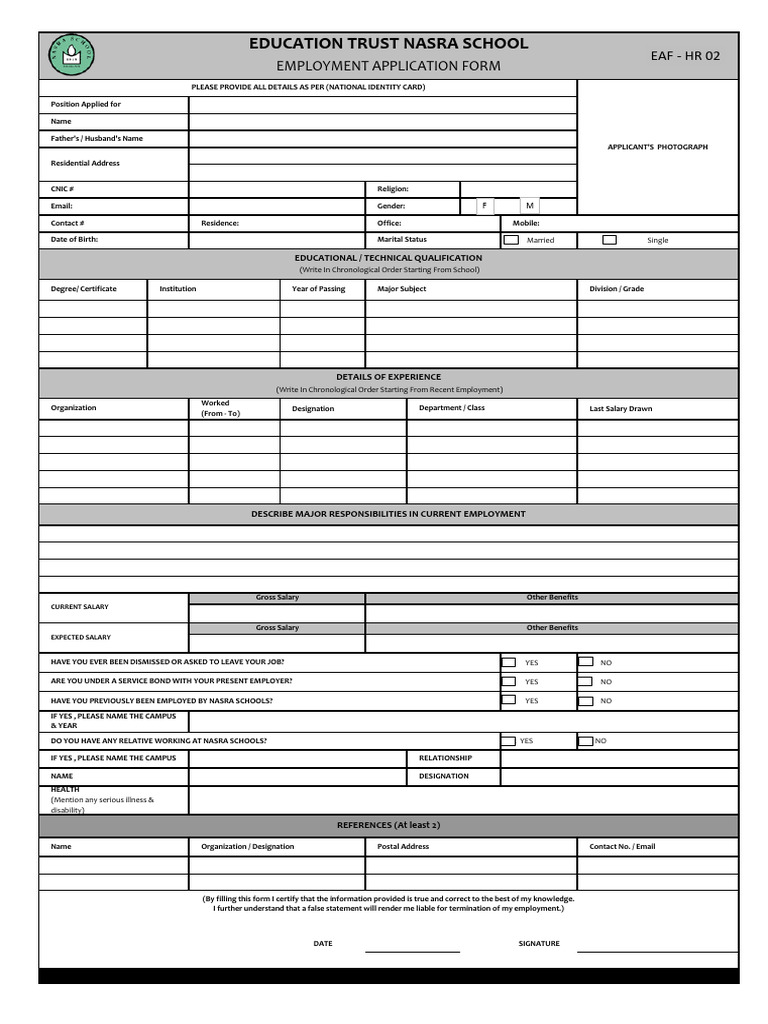 NASRA Schools Employment Application Form | PDF