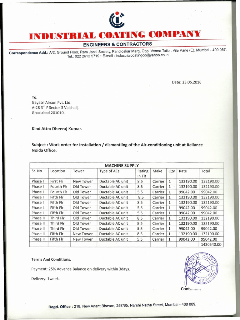 Work Order for AC Installation at Reliance | PDF | Building Materials ...
