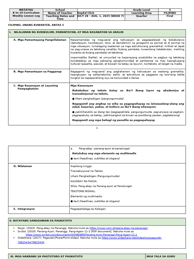 Filipino 5 DLL q1 w7 | PDF