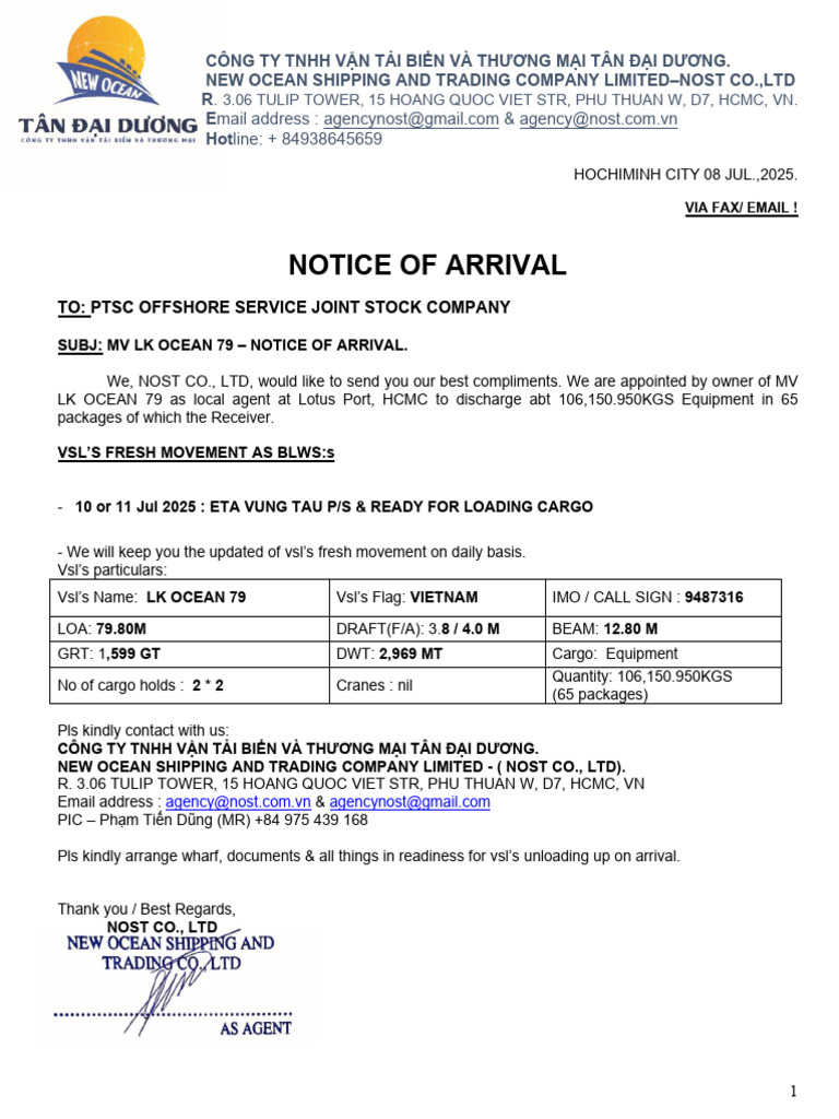 MV LK Ocean 79 Arrival Notice | PDF