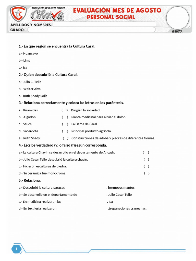 Examen de Personal Social Del Mes de Agosto | PDF