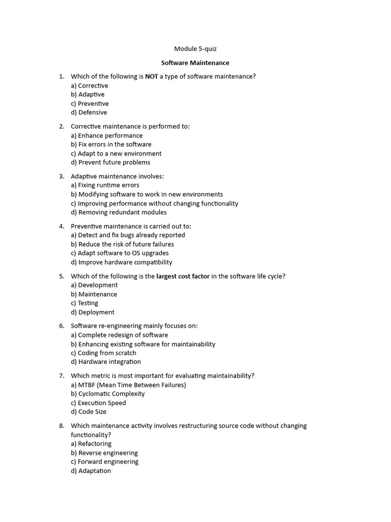 Software Maintenance Quiz Questions | PDF | Reliability Engineering ...