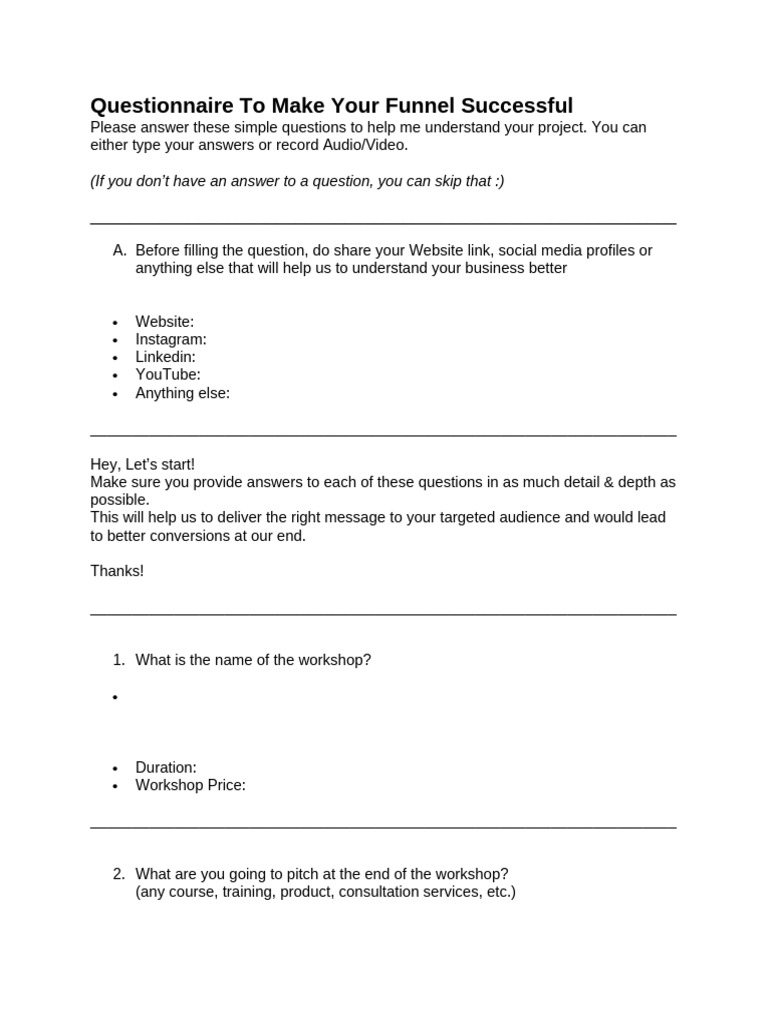 Questionnaire To Make Your Funnel Successful | PDF | Target Audience