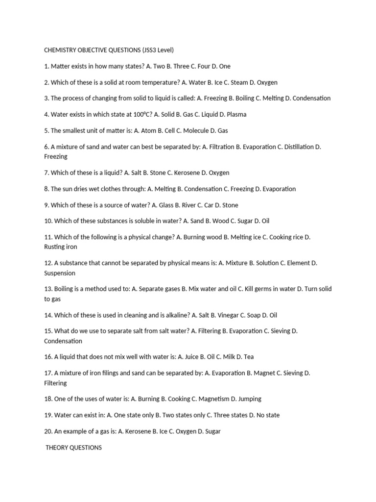 JSS3 Chemistry Objective Questions | PDF