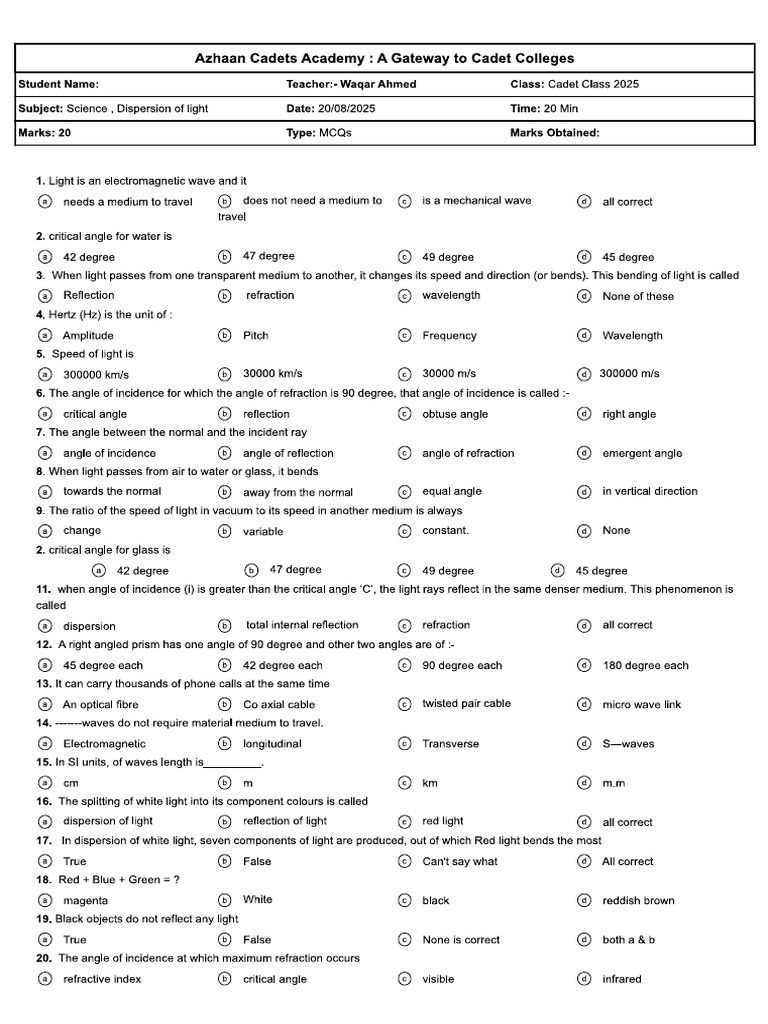 Dispersion of Light Q Paper | PDF