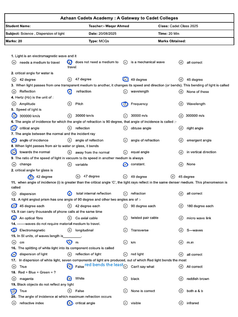 Dispersion of Light Answer Key | PDF