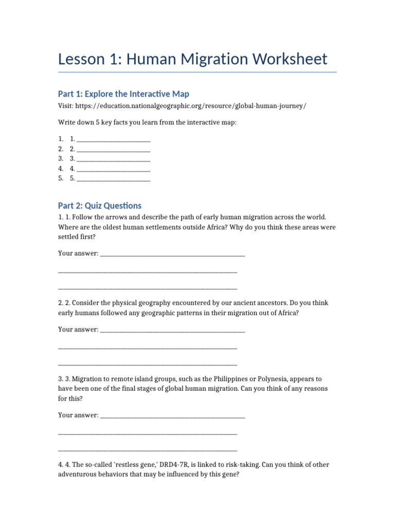 Human Migration Worksheet Overview | PDF