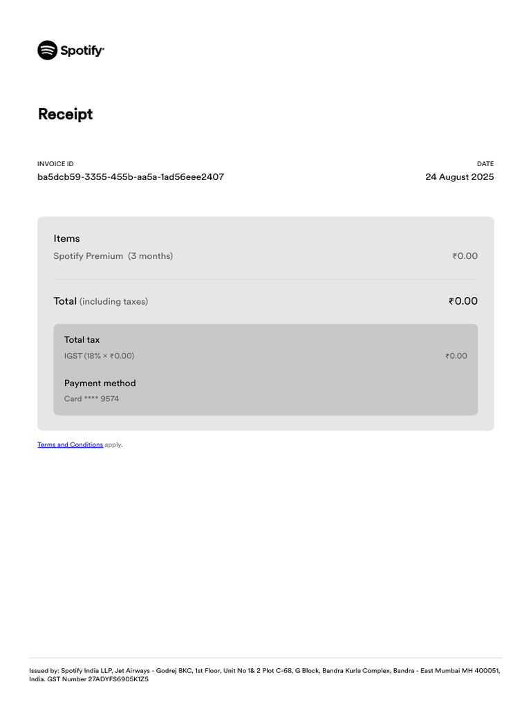 Spotify Premium Invoice - August 2025 | PDF