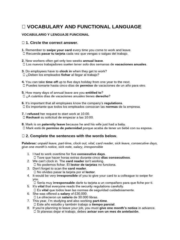 Vocabulary and Functional Language | PDF | Working Time