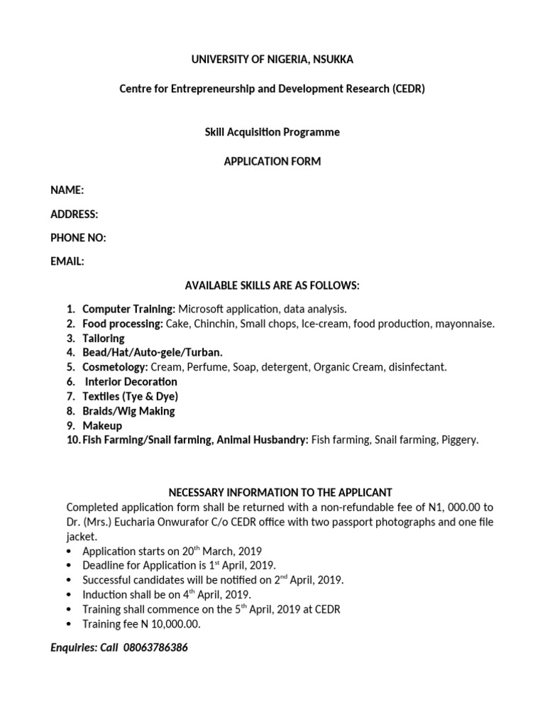 Skill Acquisition Program Application Form | PDF