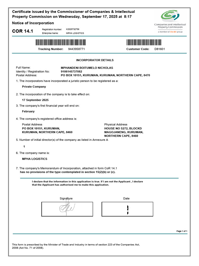 Mphah Logistics Incorporation Details | PDF | Chess Theory | Chess