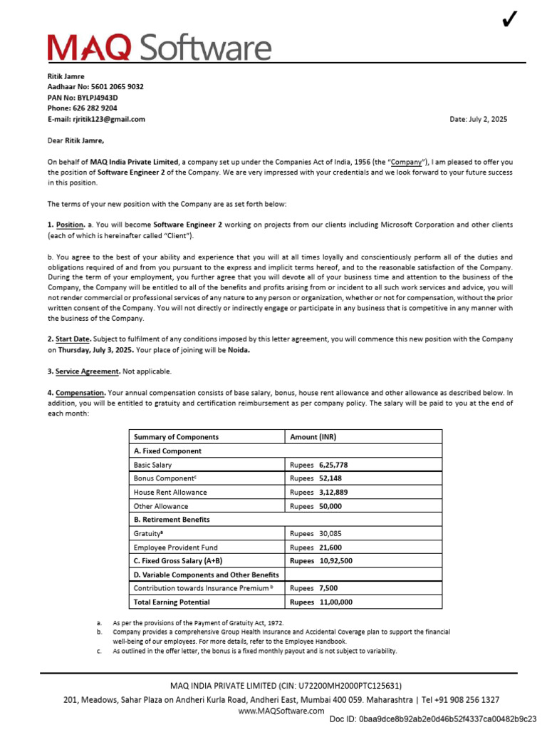 MAQ India Software Engineer Offer Letter | PDF | Employment | Salary