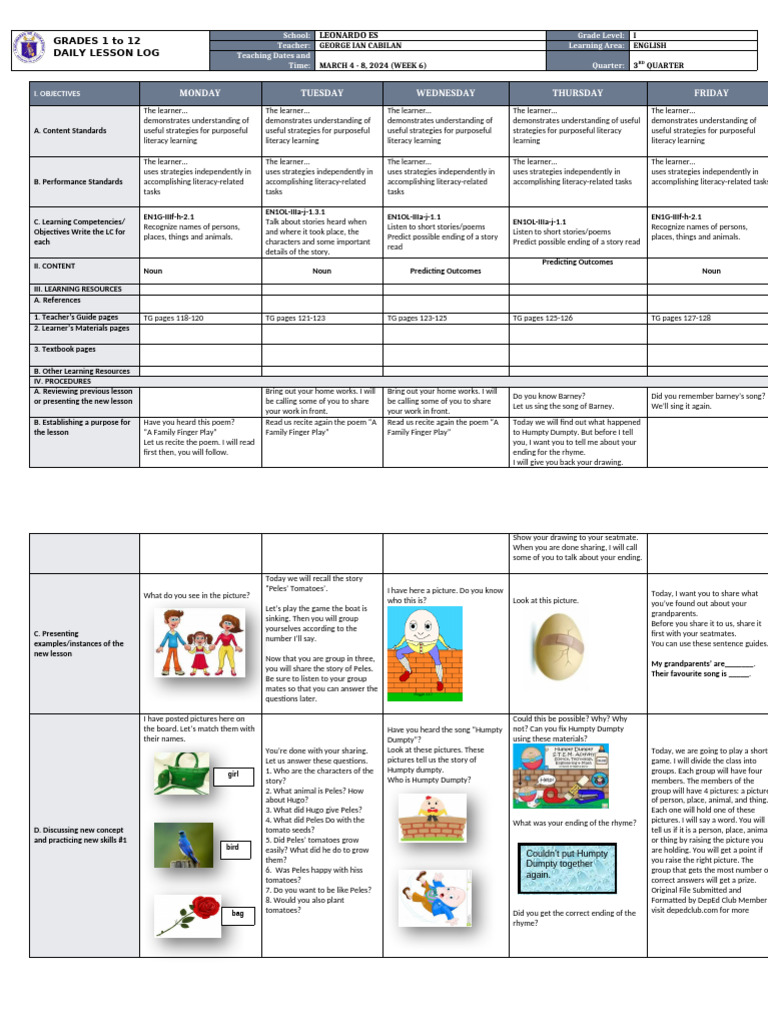 Grade 1 English Daily Lesson Plan | PDF | Learning | Literacy