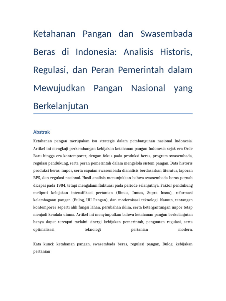 Ketahanan Pangan dan Swasembada Beras Indonesia | PDF