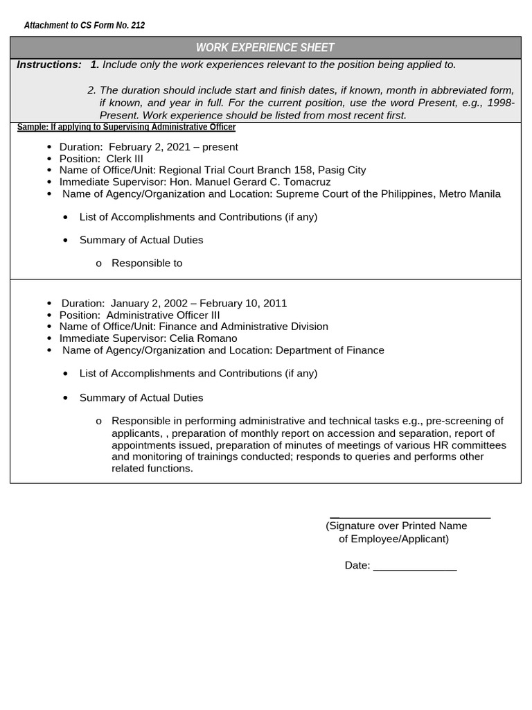 Work Experience Sheet Template | PDF