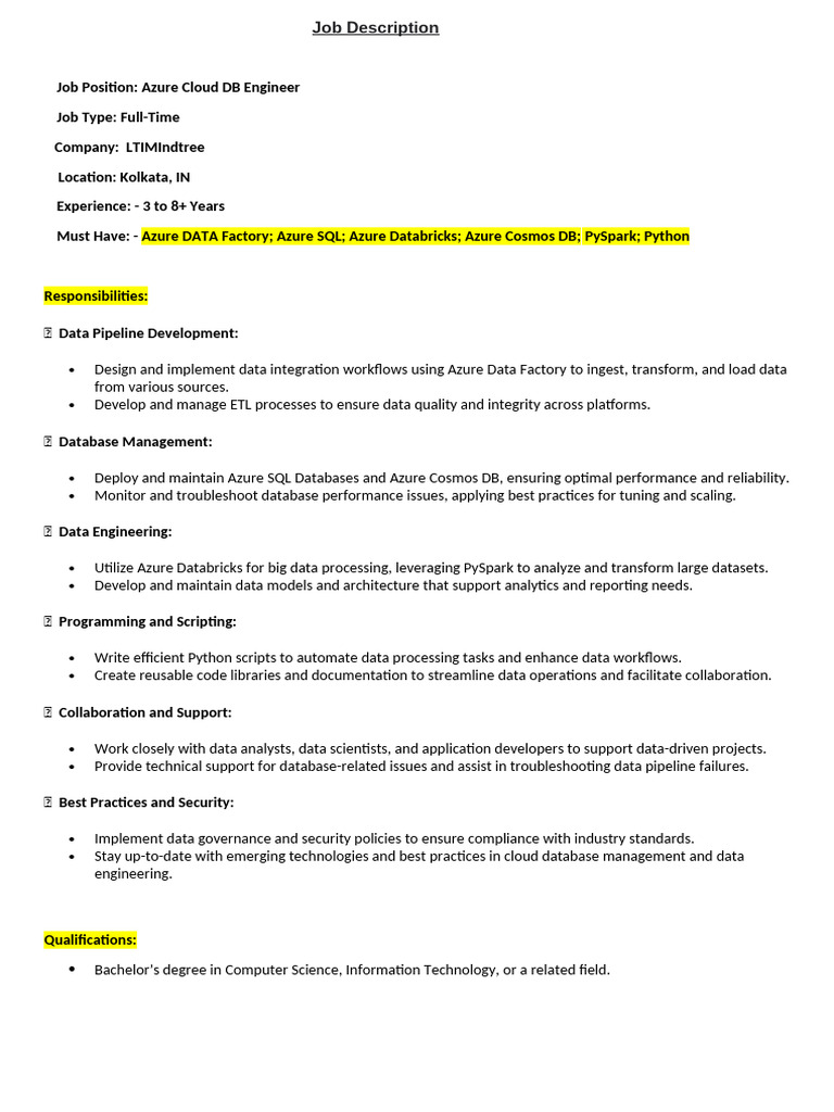 Azure Cloud DB Engineer - Kolkata, in - JD | PDF