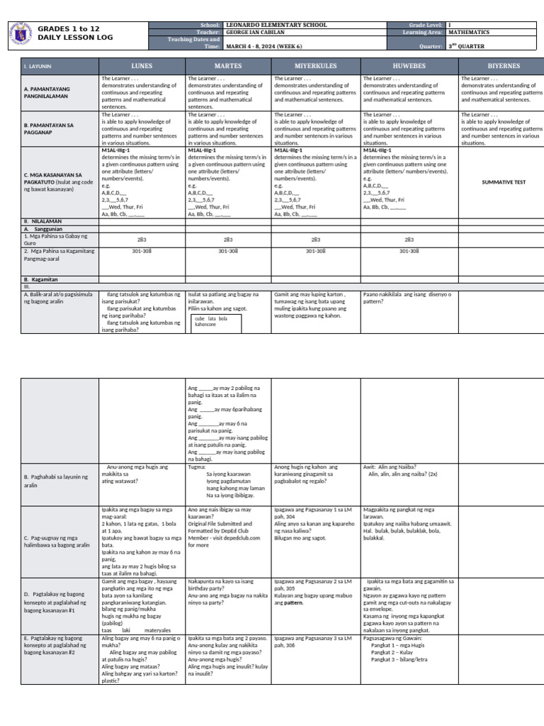 DLL Mathematics 1 q3 w6 | PDF