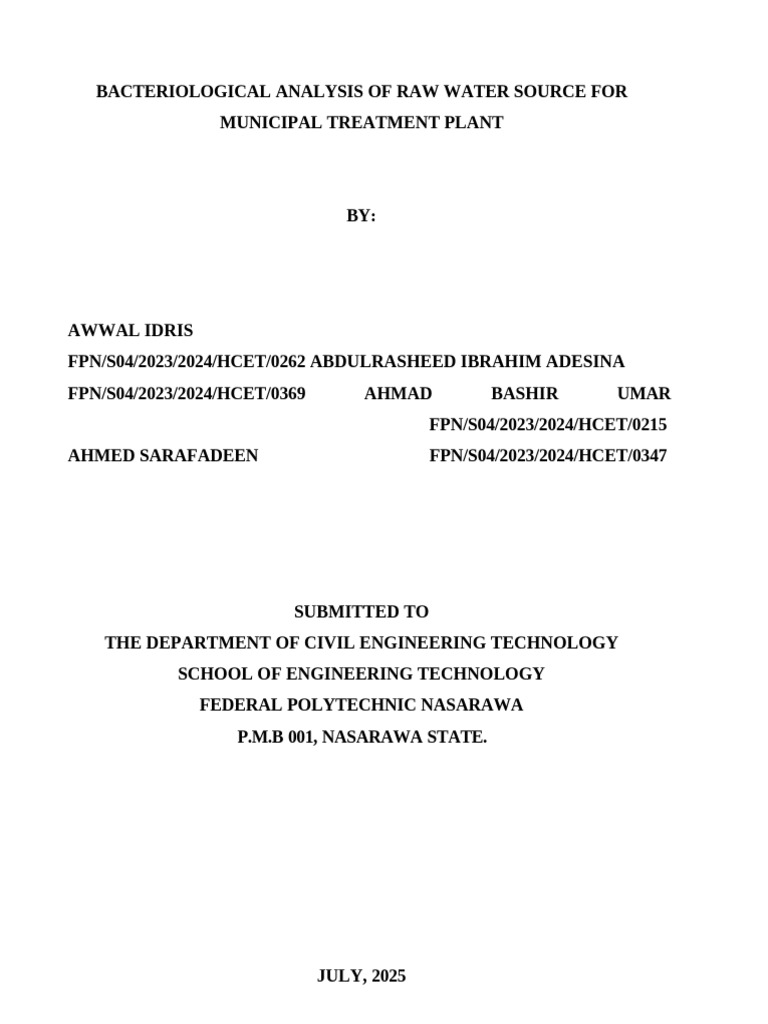 Corrected Bacteriological Analysis of Raw Water Source For Municipal ...
