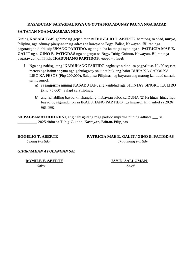 Lot Agreement | PDF